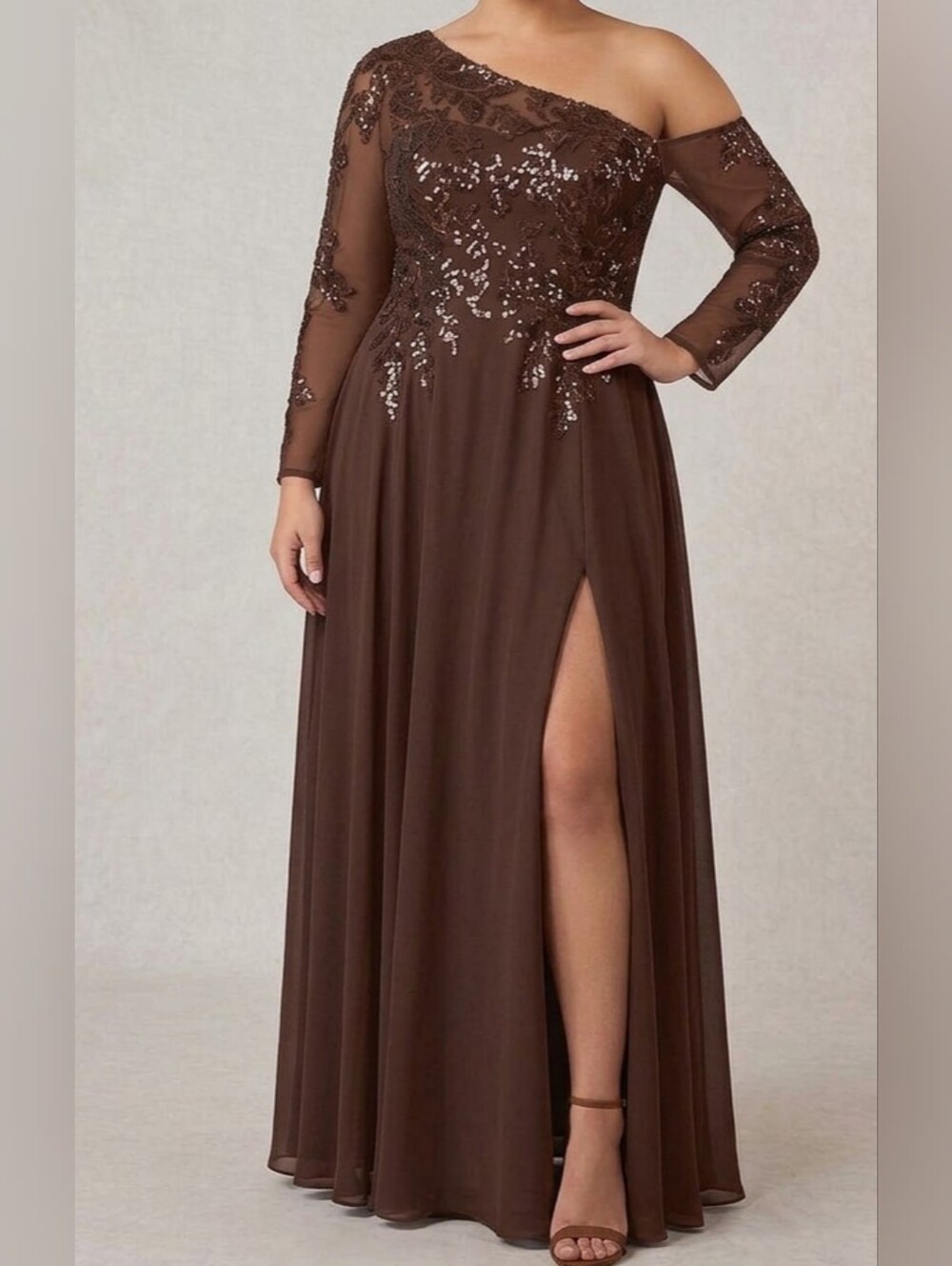 Elegant Brown Off-Shoulder Sequin Evening Gown